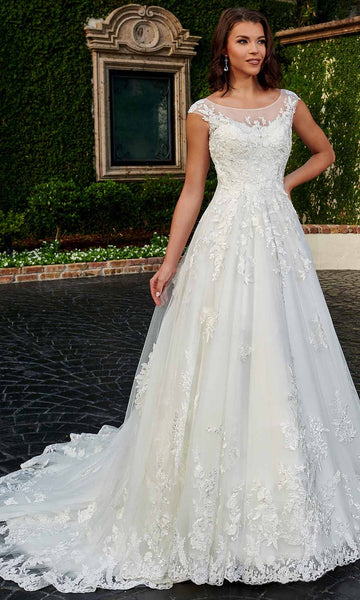 A-line Cap Sleeves Natural Waistline Glittering Sequined Embroidered Illusion Applique Beaded Bateau Neck Floral Print Wedding Dress with a Chapel Train