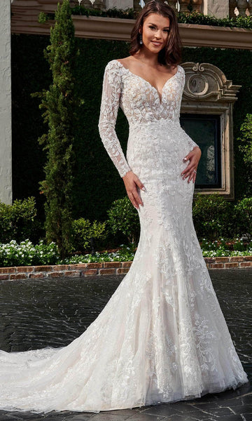 V-neck Beaded Open-Back Embroidered Illusion Applique Sequined Semi Sheer Long Sleeves Natural Waistline Plunging Neck Mermaid Wedding Dress with a Chapel Train