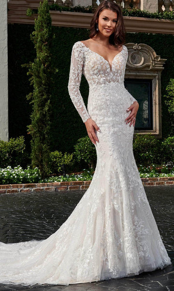 V-neck Plunging Neck Open-Back Embroidered Illusion Applique Beaded Sequined Semi Sheer Long Sleeves Natural Waistline Mermaid Wedding Dress with a Chapel Train