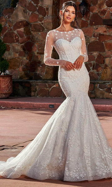 Strapless Mermaid Bateau Neck Sweetheart Cutout Illusion Beaded Applique Flower(s) Sheer Long Sleeves Corset Natural Waistline Wedding Dress with a Chapel Train With Rhinestones
