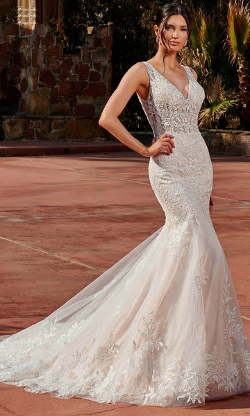 Sophisticated V-neck Natural Waistline Mermaid Sleeveless Keyhole Glittering Open-Back Cutout Beaded Applique Floral Print Wedding Dress with a Chapel Train with a Brush/Sweep Train