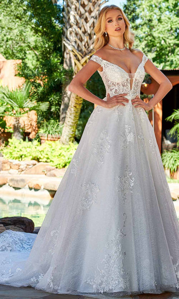 A-line Natural Waistline Plunging Neck Applique Beaded Illusion Embroidered Glittering Lace-Up Sequined Off the Shoulder Wedding Dress with a Semi-Cathedral Train