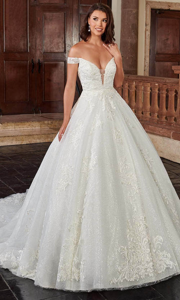 A-line Natural Waistline Off the Shoulder Illusion Glittering Sequined Applique Embroidered Beaded Lace-Up Plunging Neck Wedding Dress with a Semi-Cathedral Train