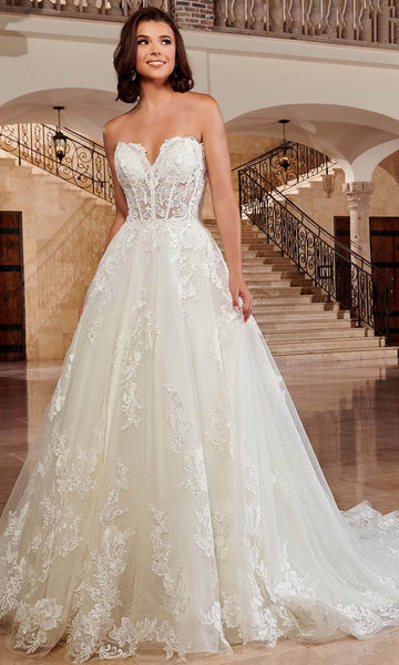 A-line Strapless Floral Print Sweetheart Beaded Embroidered Applique Sequined Lace-Up Corset Natural Waistline Wedding Dress with a Chapel Train