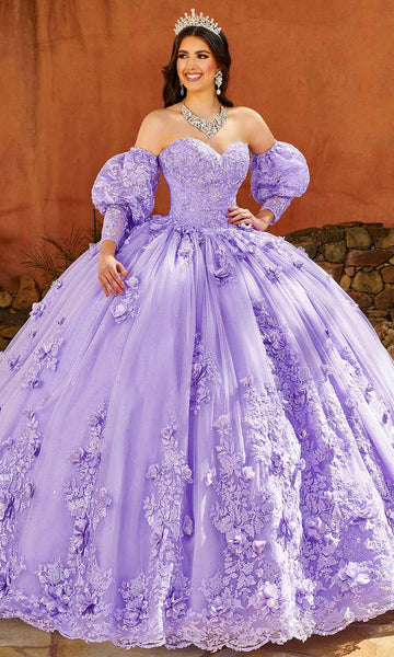 Strapless General Print Long Puff Sleeves Sleeves Basque Waistline Beaded Applique Fitted Flower(s) Lace-Up Glittering Sweetheart Quinceanera Dress with a Brush/Sweep Train
