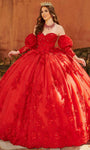Strapless Sweetheart General Print Basque Waistline Lace-Up Flower(s) Glittering Applique Fitted Beaded Long Puff Sleeves Sleeves Quinceanera Dress with a Brush/Sweep Train