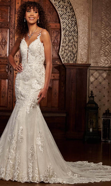 Natural Waistline Beaded Applique Sheer Fitted Lace-Up Fit-and-Flare Mermaid Sleeveless Plunging Neck Sweetheart Wedding Dress with a Chapel Train