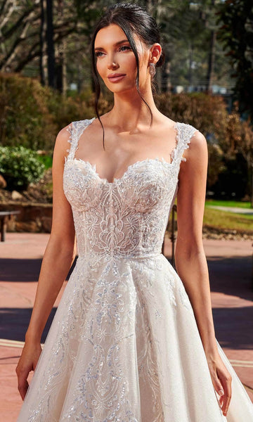A-line Beaded Sequined Applique Glittering Button Closure Corset Natural Waistline Sweetheart Tulle Wedding Dress with a Chapel Train