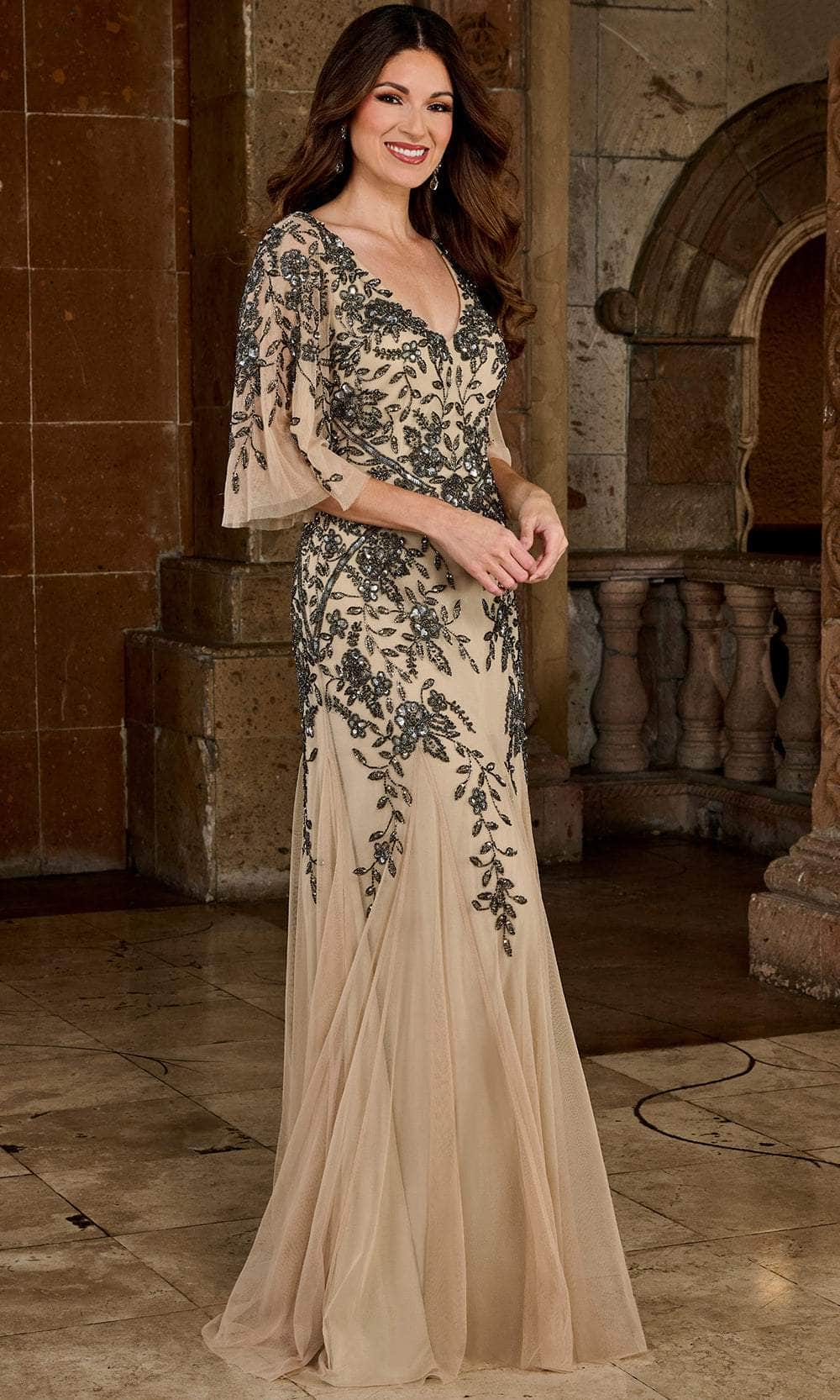 Rachel Allan RB8126 - Beaded V-Neck Long Dress
