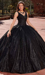 V-neck Sleeveless Tulle Lace-Up Open-Back Beaded Glittering Basque Corset Waistline Quinceanera Dress with a Chapel Train