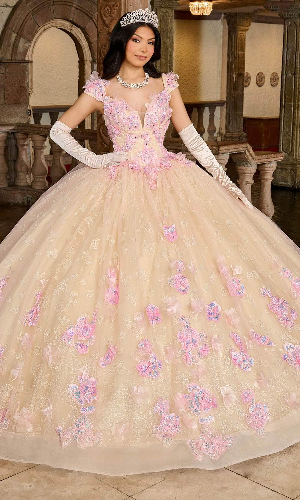 Rachel Allan RQ2190 - 3D Floral Embellished Plunging Neck Ballgown
