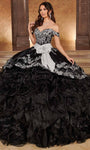 Strapless Basque Waistline Floral Print Lace-Up Tiered Sequined Pleated Beaded Off the Shoulder Sweetheart Dress with a Semi-Cathedral Train With a Bow(s) and Ruffles