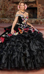 Sophisticated Floral Print Basque Corset Waistline Embroidered Beaded Lace-Up Jeweled Peplum Applique Off the Shoulder Quinceanera Dress with a Cathedral Train With Ruffles