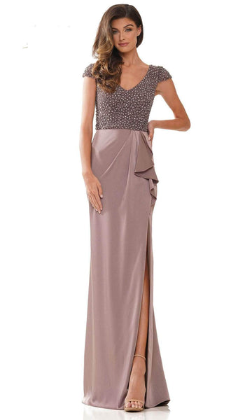 Sophisticated V-neck Cap Sleeves Natural Waistline Beaded Wrap Slit Hidden Back Zipper Sheath Faille Sheath Dress/Evening Dress with a Brush/Sweep Train With Ruffles