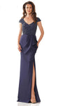 Sophisticated V-neck Sheath Cap Sleeves Wrap Beaded Slit Hidden Back Zipper Natural Waistline Faille Sheath Dress/Evening Dress with a Brush/Sweep Train With Ruffles