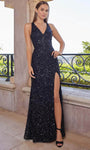 V-neck Sheath Sleeveless Fitted Lace-Up Sequined Slit Open-Back Floor Length Natural Waistline Sheath Dress/Evening Dress/Prom Dress