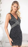 V-neck Sheath Cocktail Short Sleeveless Natural Waistline Draped Gathered Cutout Hidden Back Zipper Beaded Sequined Sheath Dress With a Bow(s)