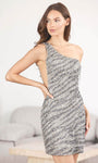 Striped Print Sheath Cocktail Short Plunging Neck Natural Waistline Asymmetric Fitted Cutout Hidden Back Zipper Sequined Illusion One Shoulder Sleeveless Sheath Dress