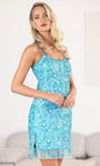 Sophisticated Scoop Neck Cocktail Short Sheath Spaghetti Strap Lace-Up Beaded Open-Back Fitted Sequined Natural Waistline Sheath Dress