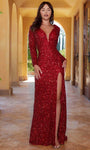 Modest V-neck Long Sleeves Slit Illusion Sequined Open-Back Natural Waistline Sheath Sheath Dress/Prom Dress with a Brush/Sweep Train