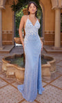 V-neck Sheath Empire Waistline Spaghetti Strap Open-Back Beaded Sequined Slit Sheath Dress/Prom Dress with a Brush/Sweep Train With Pearls