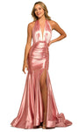 Sexy Silk Mermaid Sleeveless Natural Waistline Halter Plunging Neck Ruched Backless Open-Back Slit Prom Dress with a Brush/Sweep Train