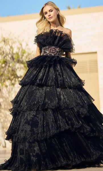Strapless Straight Neck Empire Waistline Wrap Jeweled Tiered Shirred Dress with a Brush/Sweep Train With Ruffles