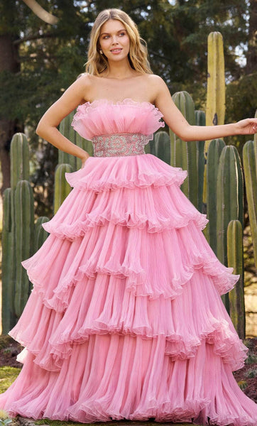 Strapless Empire Waistline Wrap Shirred Jeweled Tiered Straight Neck Dress with a Brush/Sweep Train With Ruffles