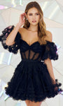 A-line Cocktail Short Corset Natural Waistline Puff Sleeves Sleeves Off the Shoulder Tulle Illusion Back Zipper Sheer Dress With a Bow(s) and a Sash and Ruffles