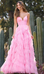 A-line V-neck Spaghetti Strap Ruffle Trim Empire Waistline Open-Back Back Zipper Slit Tiered Shirred Tulle Prom Dress with a Brush/Sweep Train