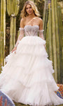 Strapless Corset Natural Waistline Sweetheart Long Sleeves Tiered Illusion Beaded Open-Back Sheer Organza Dress with a Brush/Sweep Train With Rhinestones and Ruffles and Pearls