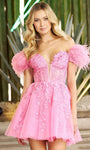 A-line Cocktail Above the Knee Plunging Neck Sweetheart Applique Beaded Open-Back Sheer Corset Natural Waistline Cap Sleeves Off the Shoulder Dress