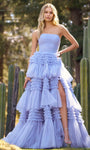 Sexy A-line Strapless Straight Neck Natural Waistline Slit Ruched Tiered Prom Dress with a Brush/Sweep Train With Ruffles