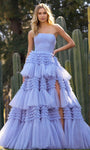 A-line Strapless Slit Ruched Tiered Straight Neck Natural Waistline Prom Dress with a Brush/Sweep Train With Ruffles