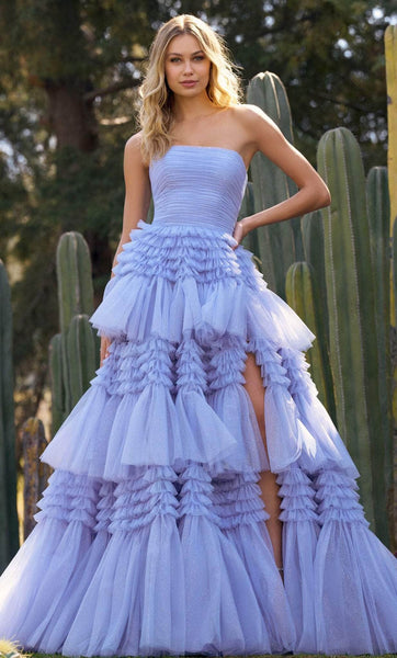 A-line Strapless Straight Neck Slit Tiered Ruched Natural Waistline Prom Dress with a Brush/Sweep Train With Ruffles