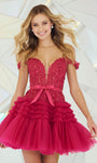 A-line Plunging Neck Fall Off the Shoulder Open-Back Applique Back Zipper Illusion Natural Waistline Cocktail Short Dress With a Bow(s) and Ruffles