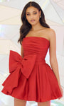 A-line Strapless Straight Neck Cocktail Short Natural Waistline Taffeta Pleated Ruched Back Zipper Open-Back Dress With a Bow(s)