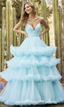 V-neck Empire Waistline Tulle Sleeveless Spaghetti Strap Back Zipper Open-Back Prom Dress With Ruffles