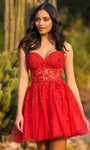 A-line Strapless Sweetheart Sheer Applique Beaded Jeweled Illusion Lace-Up Cocktail Short Corset Natural Waistline Dress