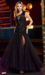 A-line Slit Asymmetric Illusion One Shoulder Tulle Corset Natural Waistline Floor Length Dress with a Brush/Sweep Train