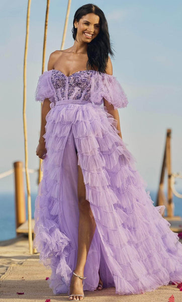 A-line Tulle Slit Back Zipper Beaded Off the Shoulder Sweetheart Natural Waistline Prom Dress/Bodysuit With Ruffles