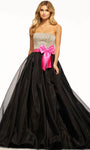 Strapless Straight Neck Open-Back Back Zipper Natural Waistline Floor Length Dress with a Brush/Sweep Train With a Bow(s) and Pearls