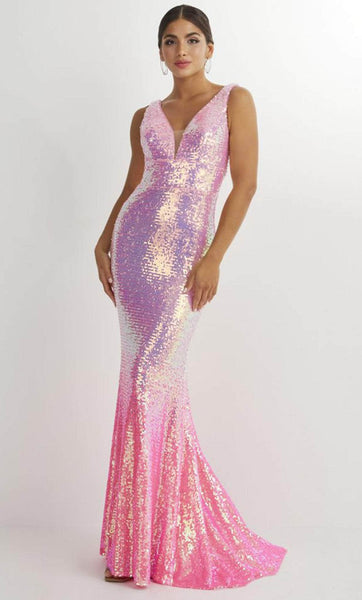 V-neck Plunging Neck Mermaid Sheer Sequined Open-Back V Back Natural Waistline Floor Length Sleeveless Prom Dress with a Brush/Sweep Train