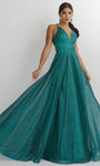 A-line V-neck Floor Length Spaghetti Strap Natural Waistline Plunging Neck Lace-Up Glittering Sheer Tulle Prom Dress with a Brush/Sweep Train