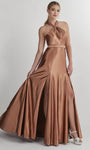 A-line Keyhole Slit Sleeveless Halter Satin Natural Waistline Evening Dress/Prom Dress with a Brush/Sweep Train