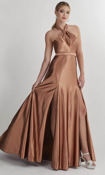A-line Sleeveless Halter Keyhole Slit Natural Waistline Satin Evening Dress/Prom Dress with a Brush/Sweep Train