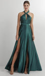 A-line Sleeveless Halter Satin Keyhole Slit Natural Waistline Evening Dress/Prom Dress with a Brush/Sweep Train