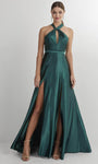 A-line Halter Sleeveless Slit Keyhole Satin Natural Waistline Evening Dress/Prom Dress with a Brush/Sweep Train