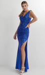 V-neck Natural Waistline Sheath Wrap Glittering Slit Sequined Ruched Sleeveless Sheath Dress/Prom Dress with a Brush/Sweep Train