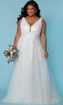 A-line V-neck Natural Waistline Sheer Lace-Up Sleeveless Floor Length Wedding Dress with a Court Train